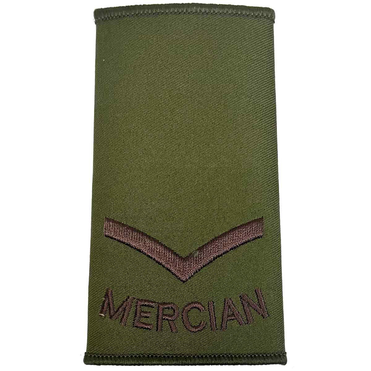 Mercian Regiment olive green rank slide with single chevron and brown embroidery, suitable for Lance Corporal rank in military uniforms.