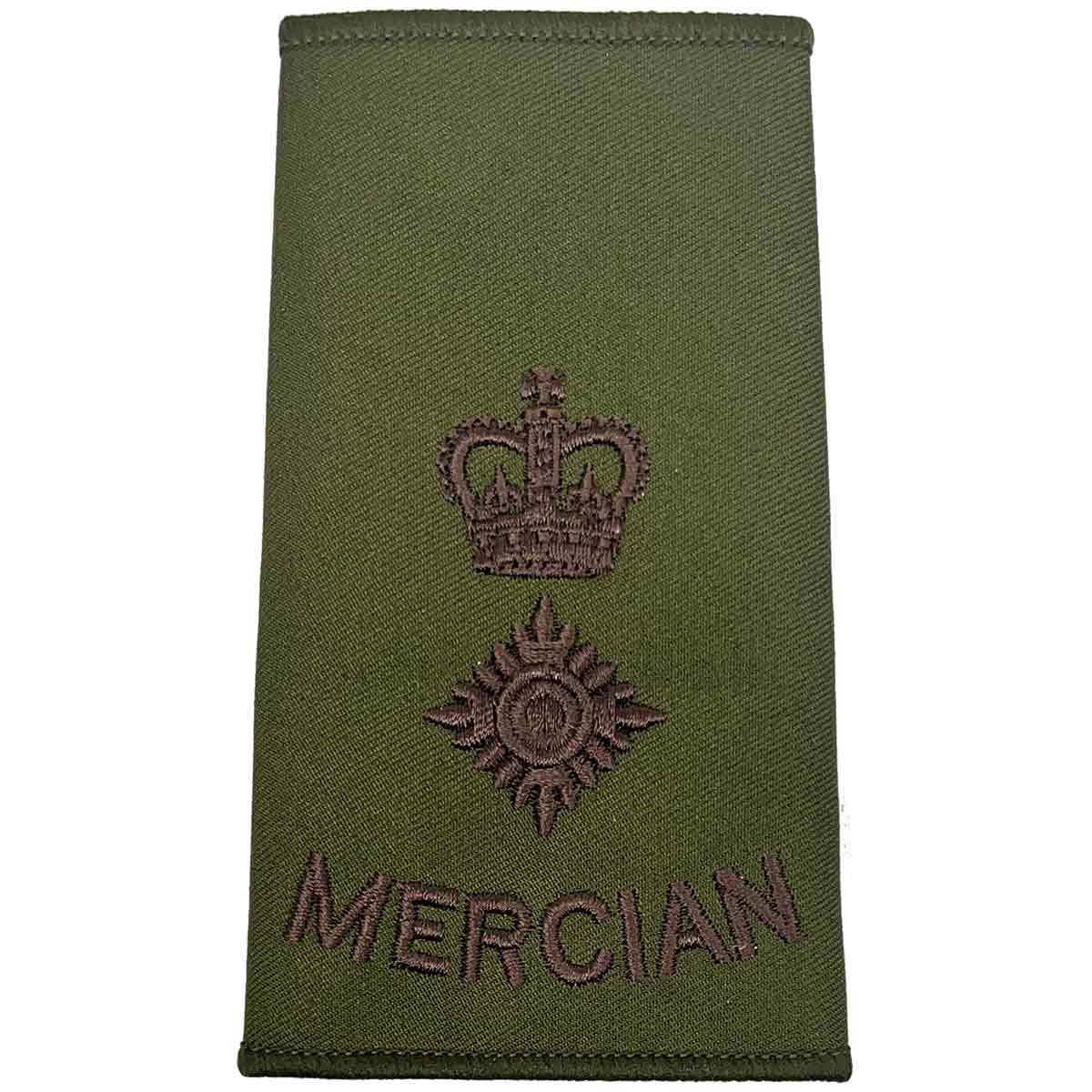 Mercian Regiment olive green rank slide with crown above pip, suitable for Lieutenant Colonel rank in military uniforms.