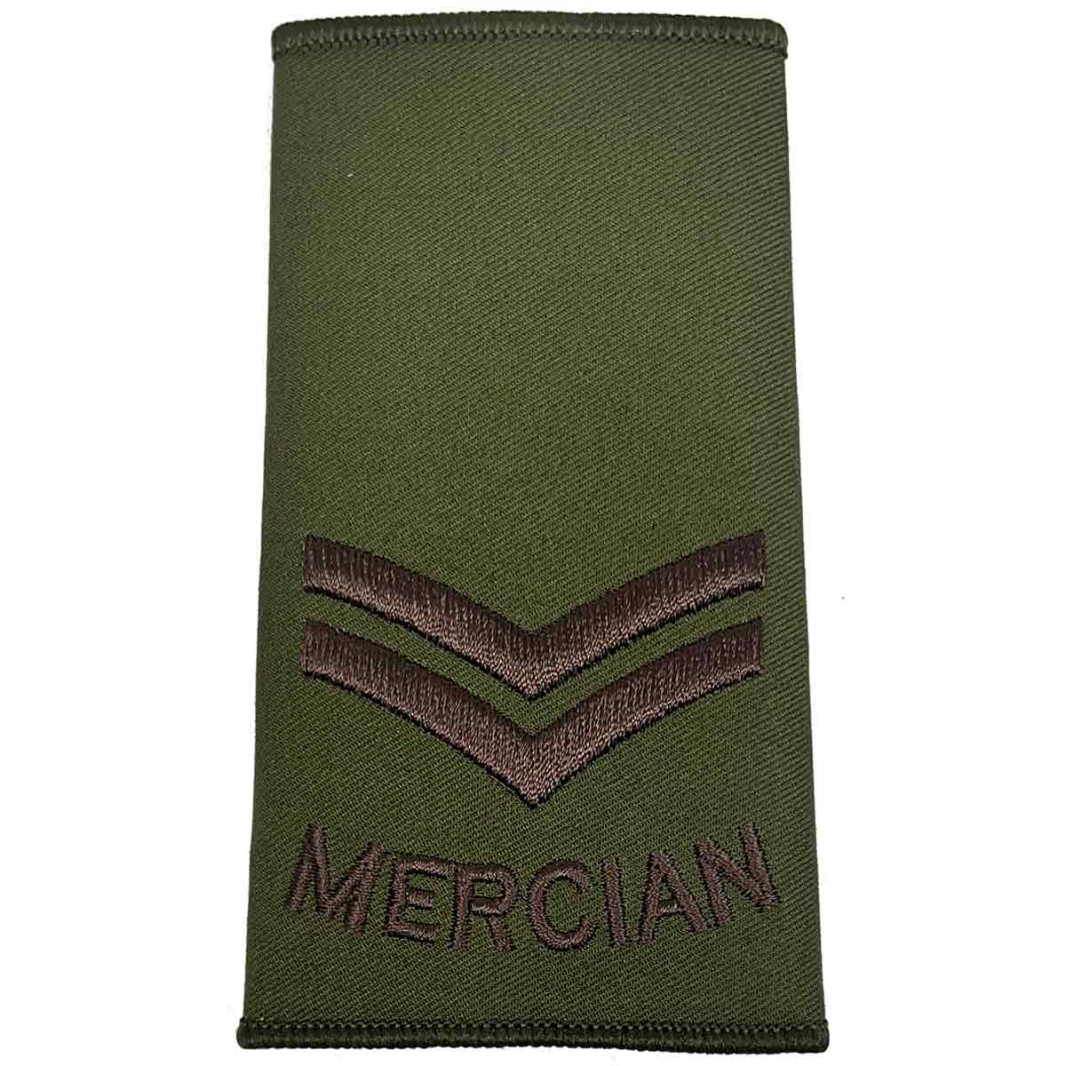 Double chevron Mercian Regiment rank slide in olive green Cordura, representing Corporal rank with brown embroidered insignia.