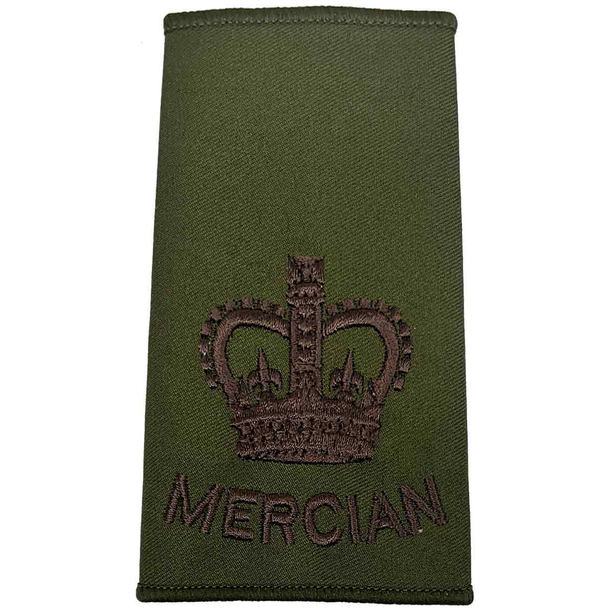 Mercian Regiment olive green rank slide with large crown embroidery, ideal for Officer ranks in military uniform applications.