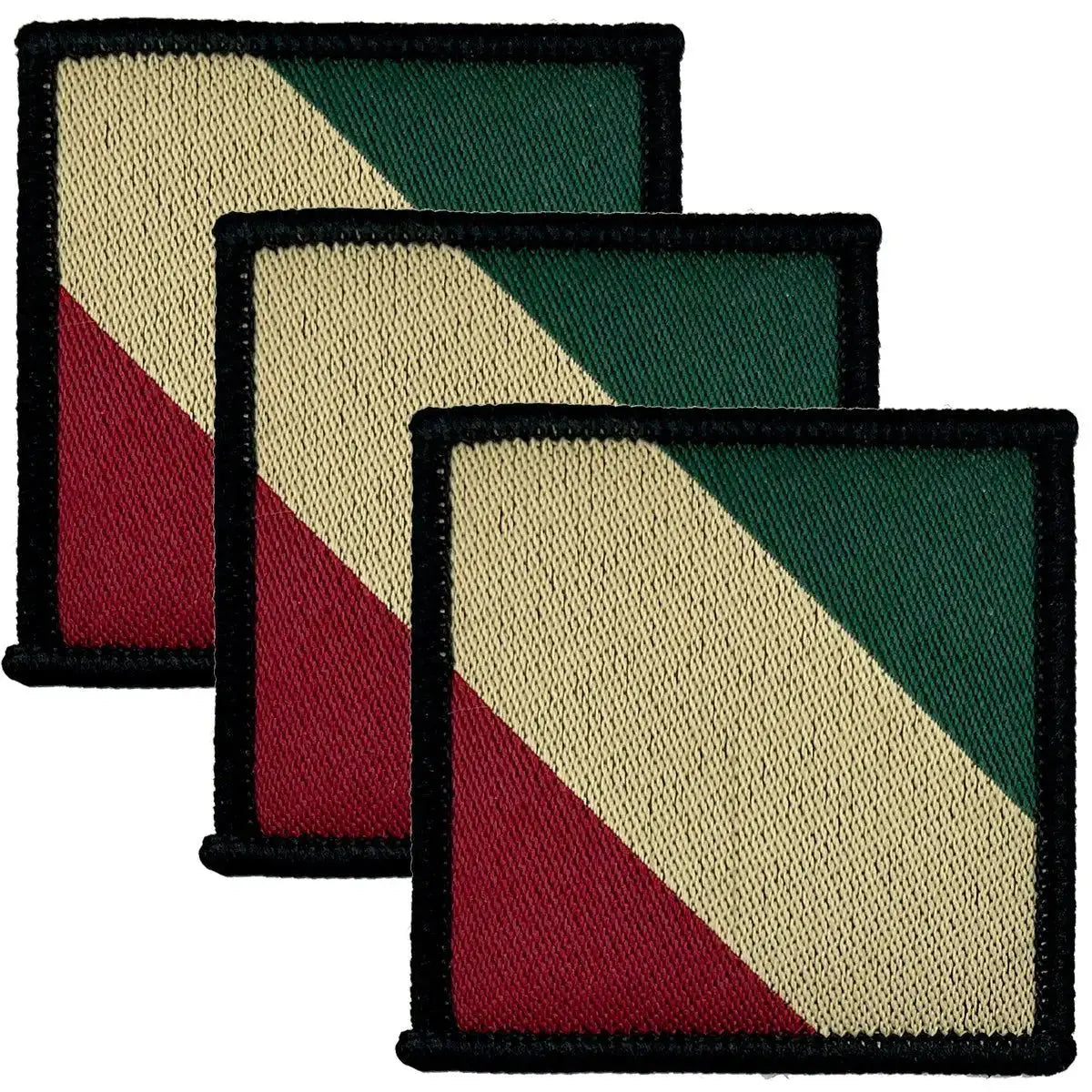 Set of three Mercian Regiment TRF patches with hook & loop backing, featuring green, cream, and red diagonal stripes. Ideal for military uniforms.