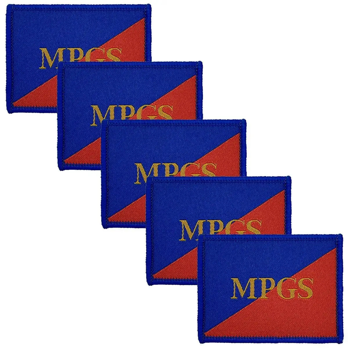 Pack of five Military Provost MPGS TRF iron on patches featuring blue and red background with MPGS in gold, suitable for military uniform use.
