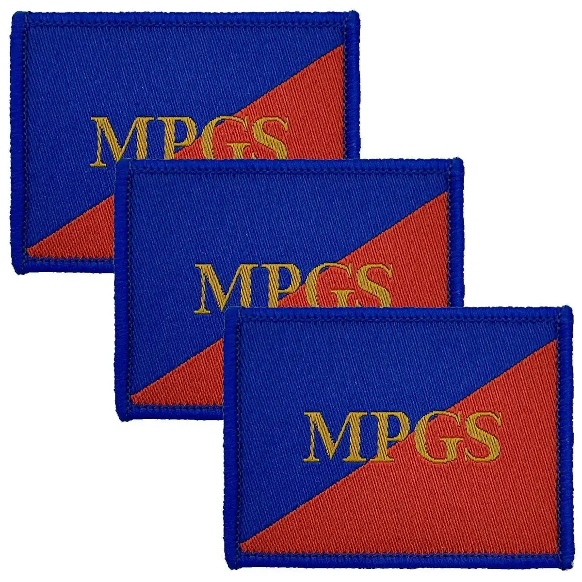 Set of three Military Provost MPGS TRF iron on patches in blue and red with gold lettering, ideal for military uniforms from John Bull Clothing.