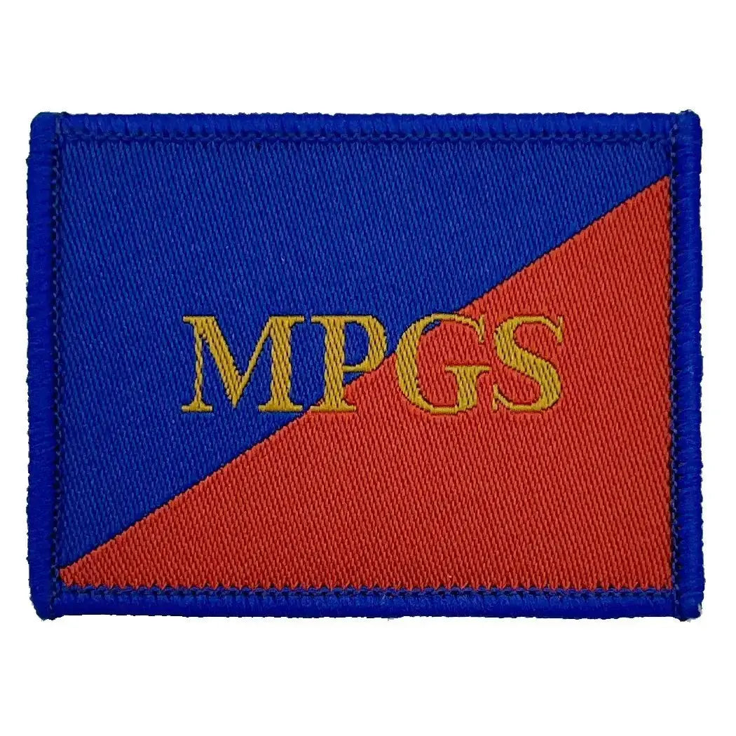 Single Military Provost MPGS TRF patch in blue and red cotton with gold embroidered text, regulation iron-on design for military uniforms.