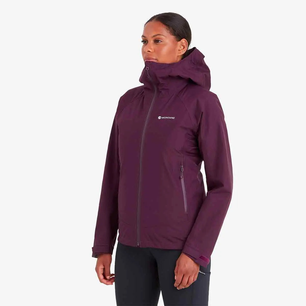 Side view of Montane Womens Spirit Waterproof Jacket in purple. Features a waterproof design with an adjustable hood.