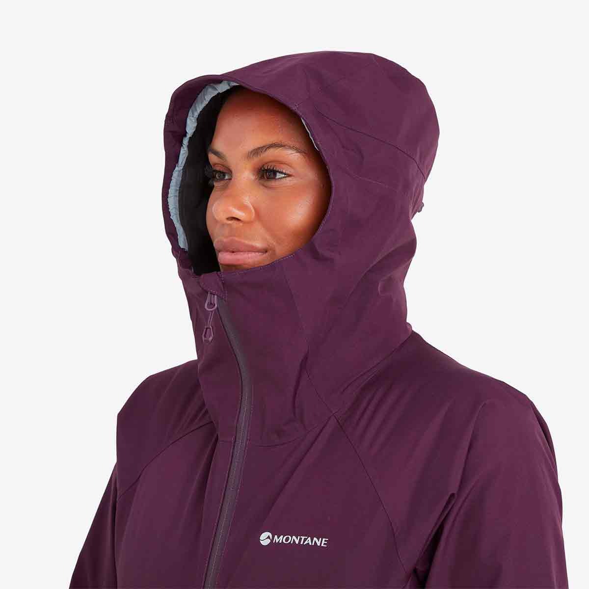 Close-up of Montane Womens Spirit Waterproof Jacket hood. Adjustable design provides extra protection against rain and wind.