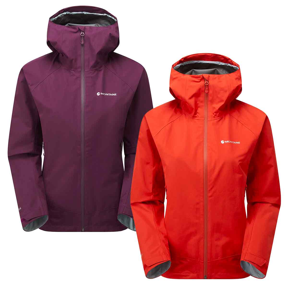 Montane Womens Spirit Waterproof Jacket in purple and red. A lightweight, waterproof raincoat designed for outdoor adventures.