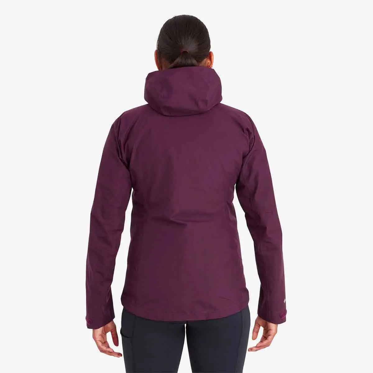 Back view of Montane Womens Spirit Waterproof Jacket in purple. Designed for comfort and protection in wet conditions.