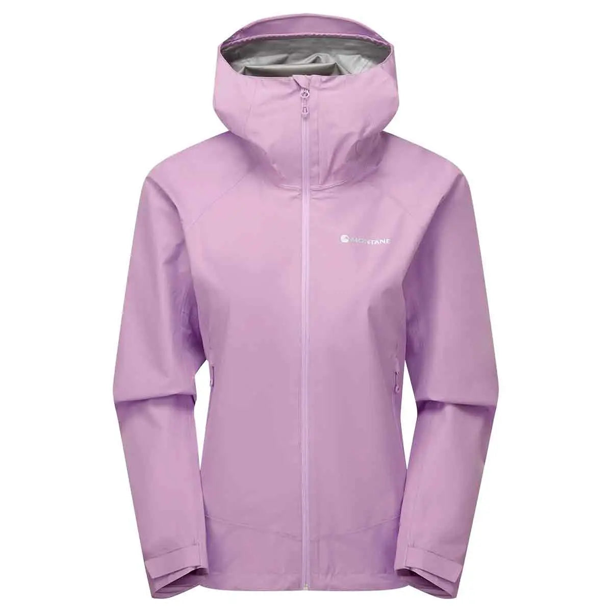 Montane Womens Spirit Waterproof Jacket in soft lilac. Stylish and waterproof raincoat designed for protection in heavy rain.
