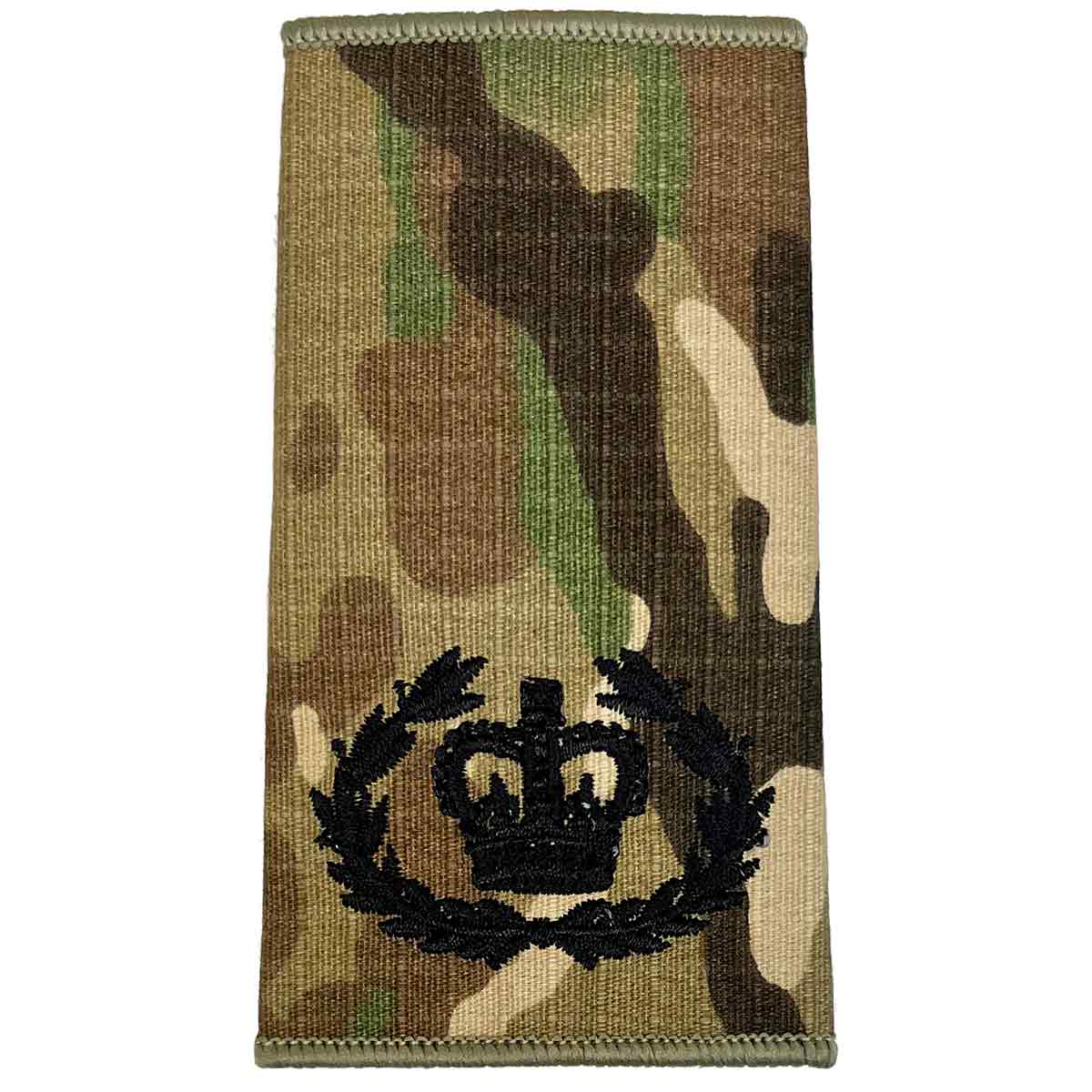 Black embroidered crown within a wreath on Multicam Rank Slide, signifying senior military appointment, made by John Bulls.