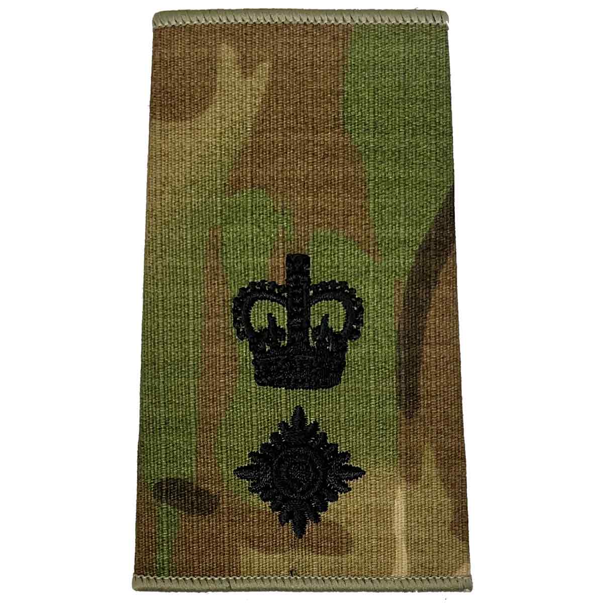 Multicam Rank Slide with a crown and pip in black embroidery, representing field officer rank, by John Bulls.