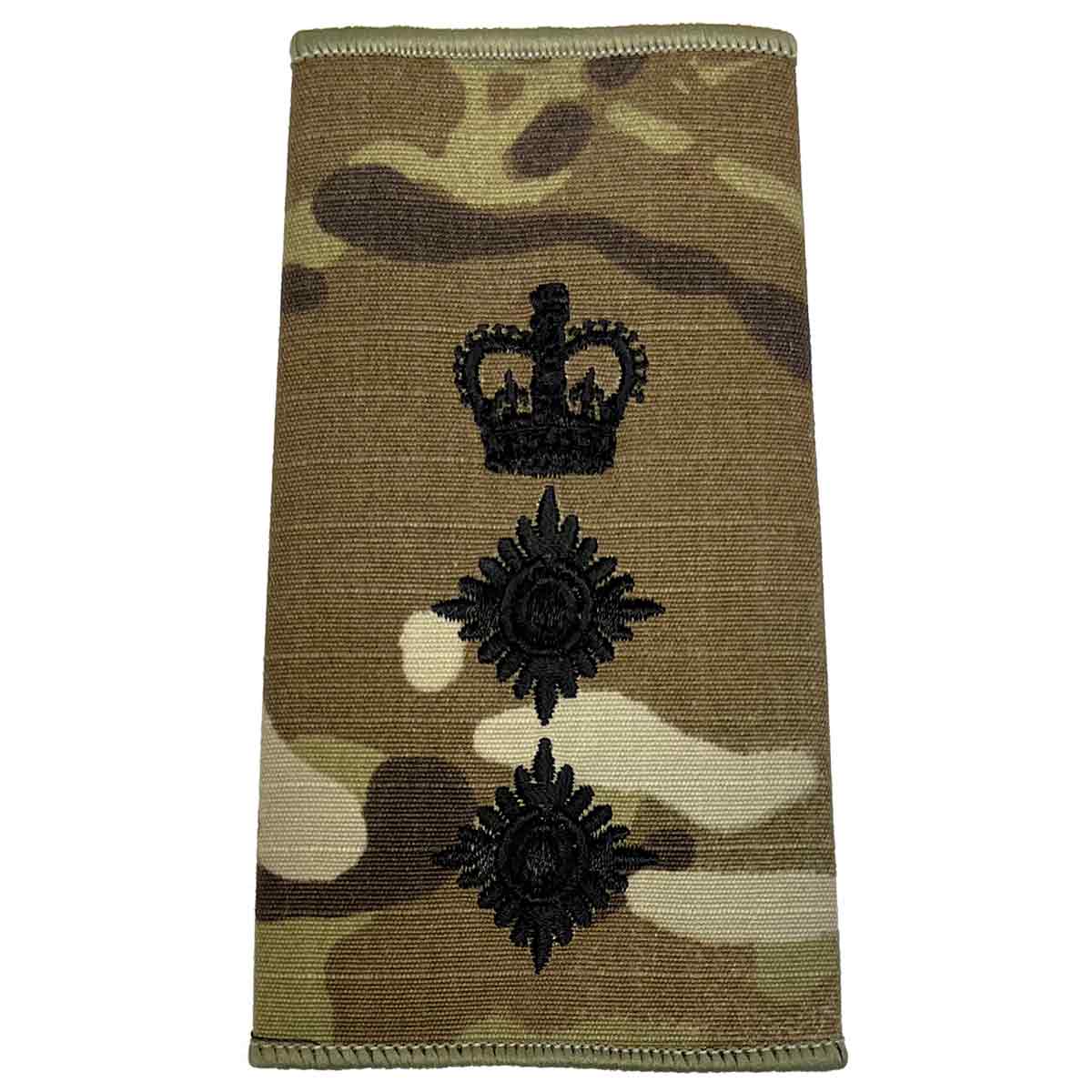 Military Rank Slide in Multicam with crown above two pips, embroidered in black, for senior officer ranks by John Bulls.