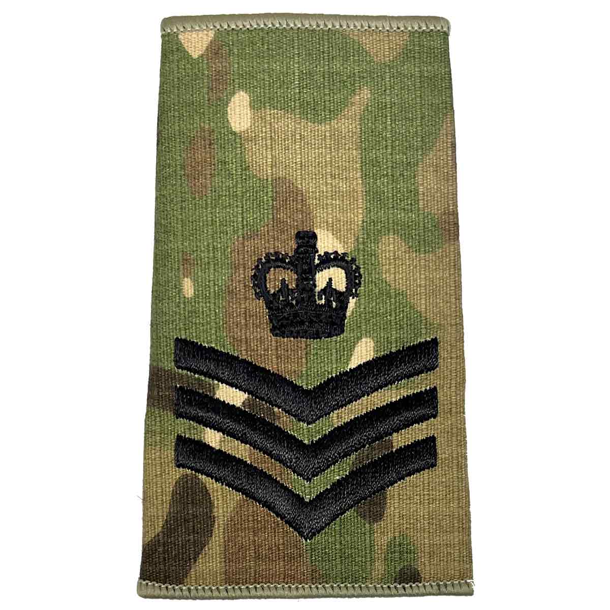 Multicam Rank Slide with three chevrons and a crown in black embroidery, representing staff sergeant rank by John Bulls.