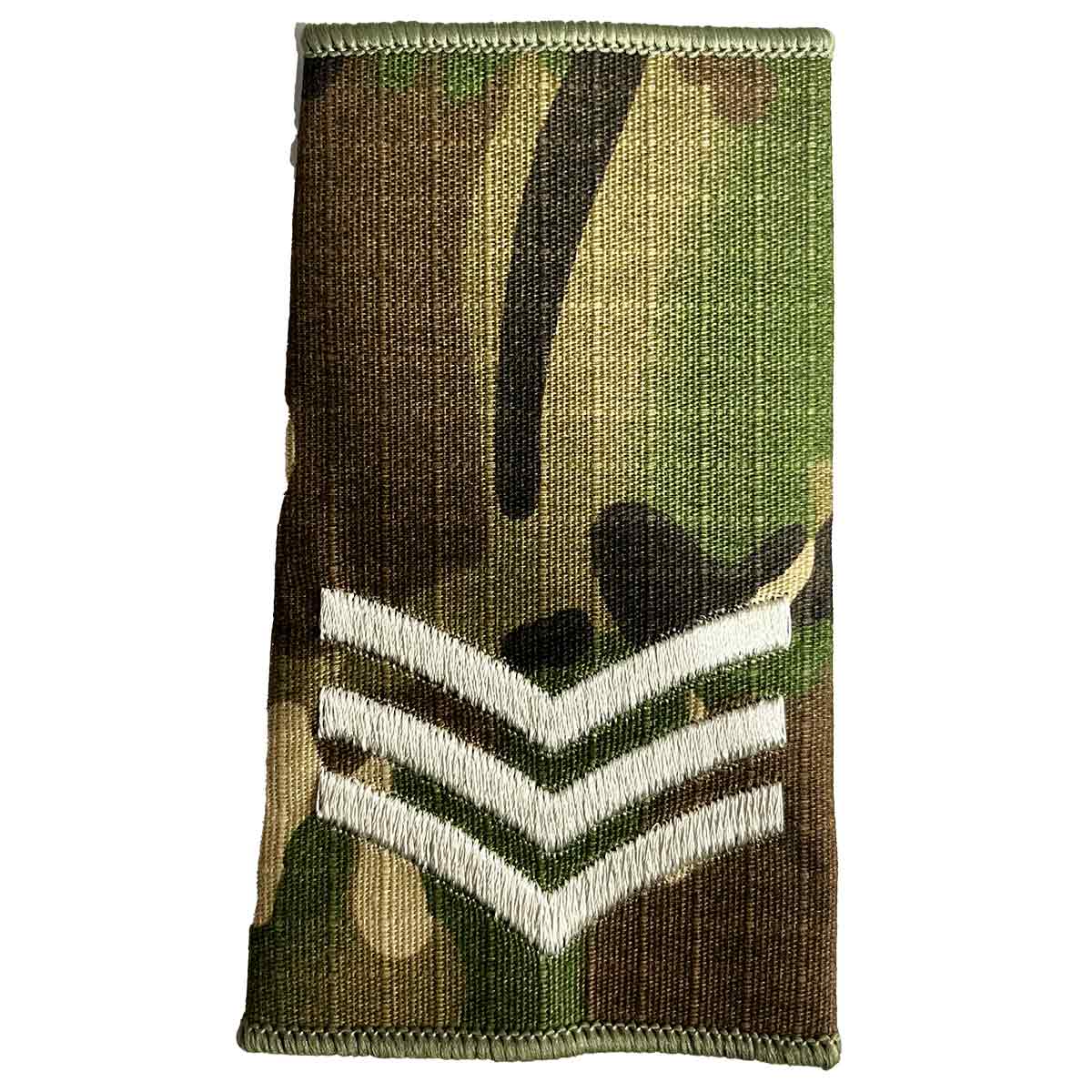 Multicam Rank Slide with three ivory chevrons, representing sergeant rank, crafted from Cordura by John Bulls.