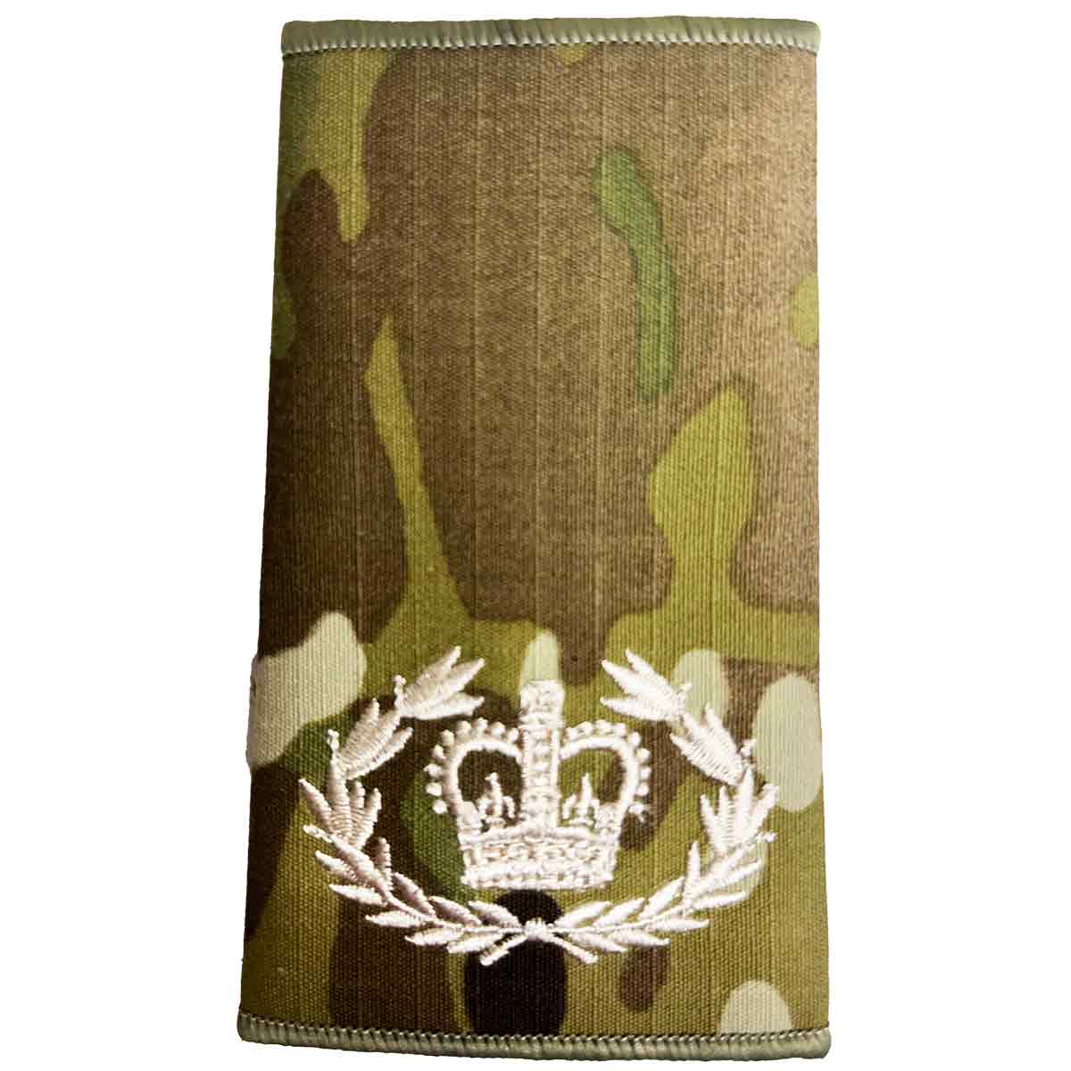 Multicam Rank Slide with laurel wreath and crown in ivory embroidery, representing warrant officer class 2, MOD spec by John Bulls.