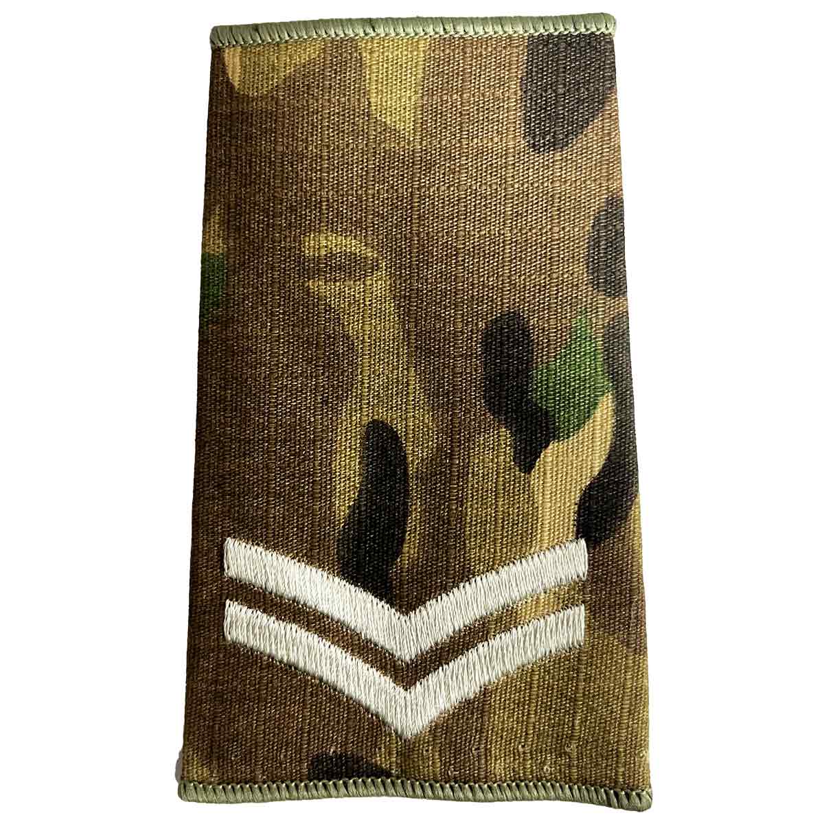 Multicam Rank Slide with two ivory chevrons, representing corporal rank, made from Cordura fabric by John Bulls.