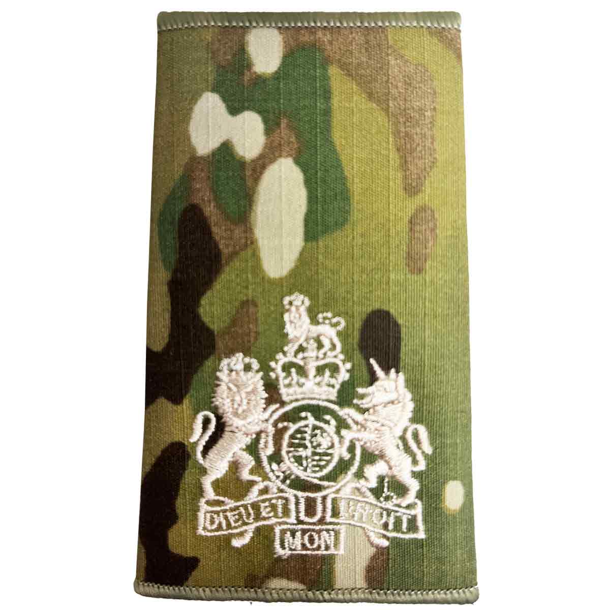 Multicam Rank Slide with royal coat of arms in ivory embroidery, suitable for warrant officer class 1, made by John Bulls.