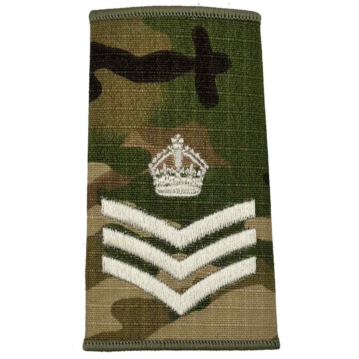 Multicam Rank Slide with crown and three ivory chevrons, representing staff sergeant rank, made from Cordura by John Bulls.