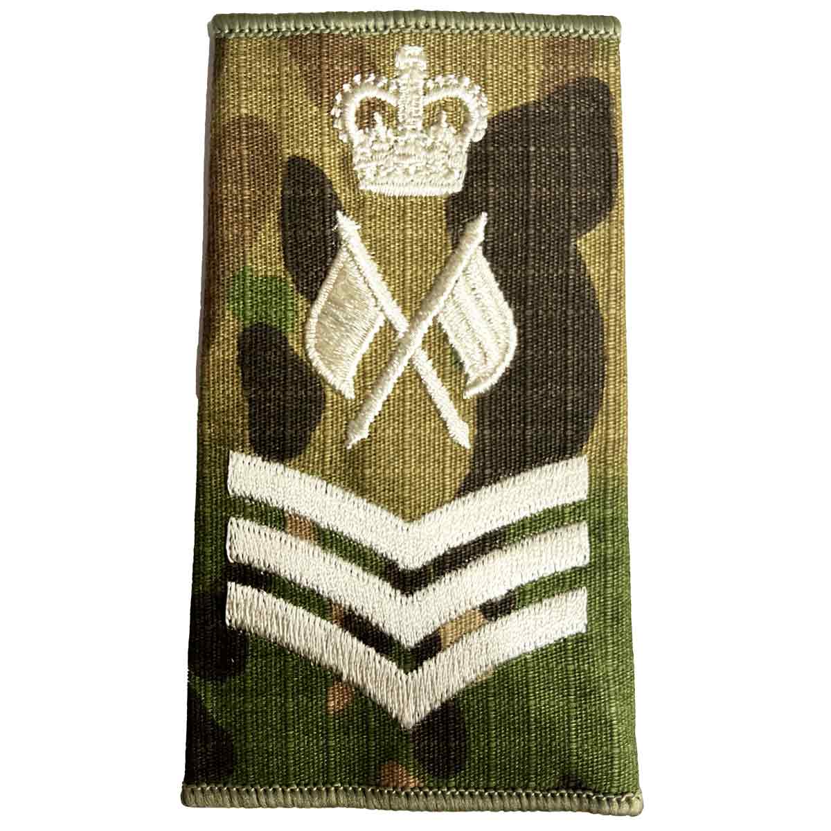 Multicam Rank Slide with crown, three chevrons, and crossed flags, denoting signals staff sergeant rank, by John Bulls.