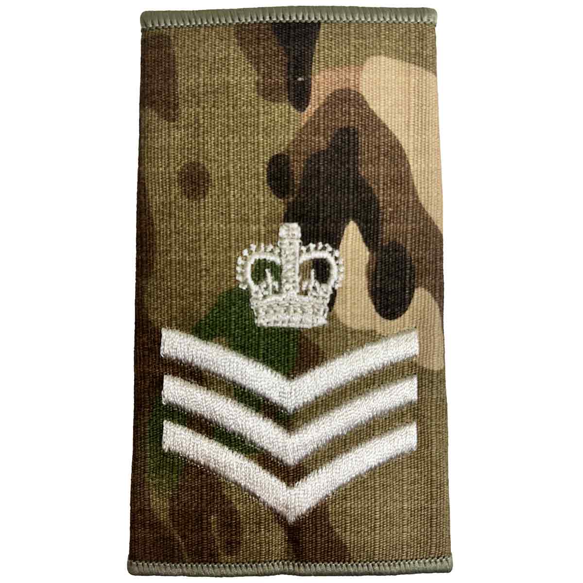 Multicam Rank Slide with crown and three ivory chevrons, indicating staff sergeant rank, MOD spec by John Bulls.