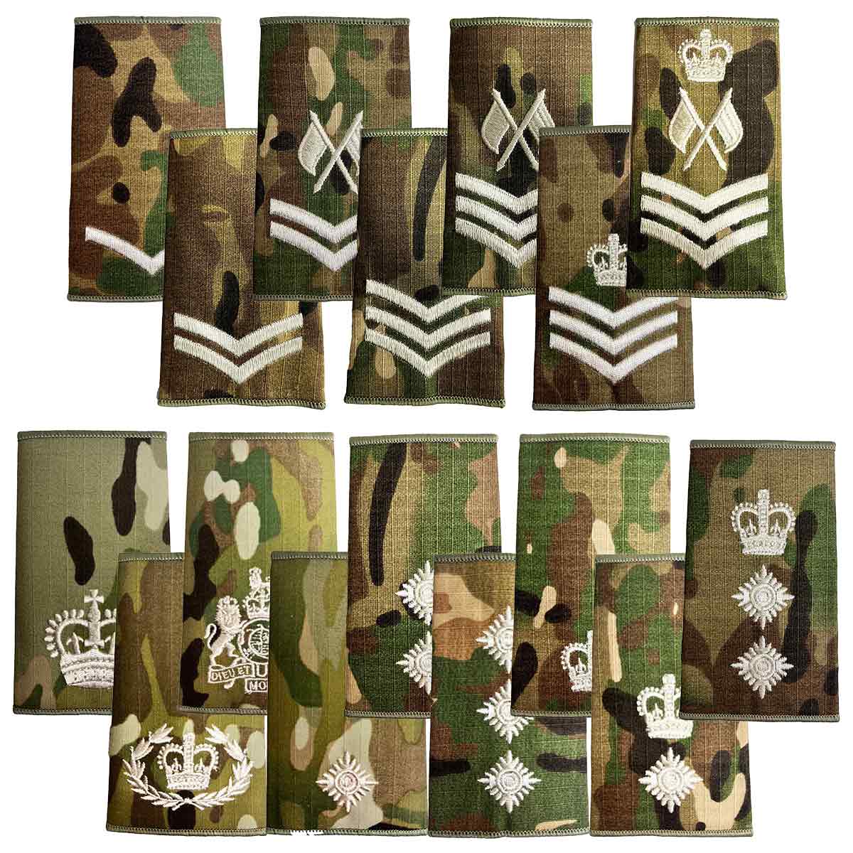 Assorted Multicam Rank Slides with ivory embroidery in various military ranks, made from durable Cordura fabric, MOD specification by John Bulls.