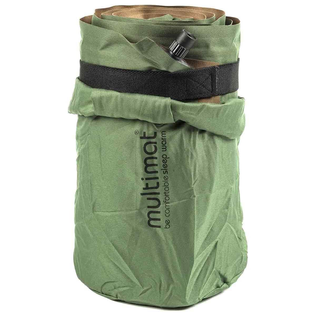 Rolled Multimat Trekker 25S Self Inflating Mattress with securing strap, compact for outdoor storage and transport.