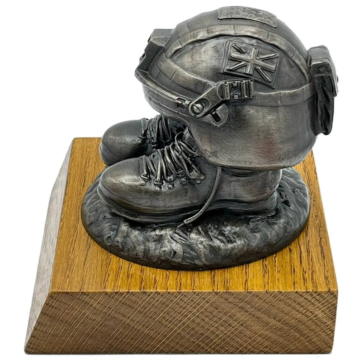Bronze resin army statue with British flag detail on helmet, realistic AKU-style boots, and wooden display base for military-themed decor.