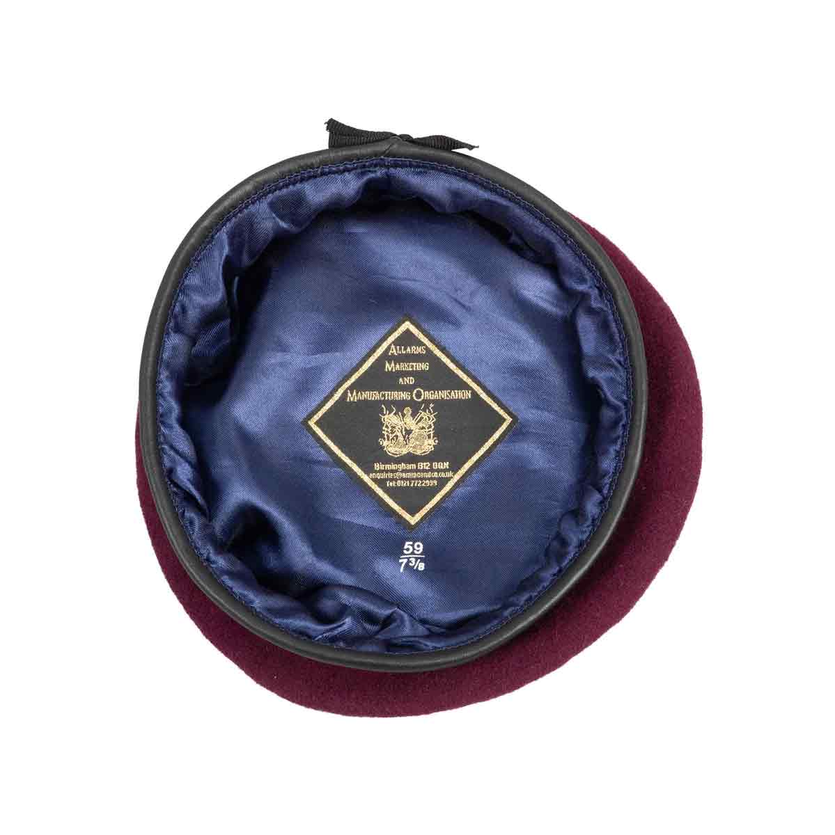 Interior view of Parachute Regiment Maroon Beret Silk Lined showing mid-blue silk lining and manufacturer label, size 59 for military wear.