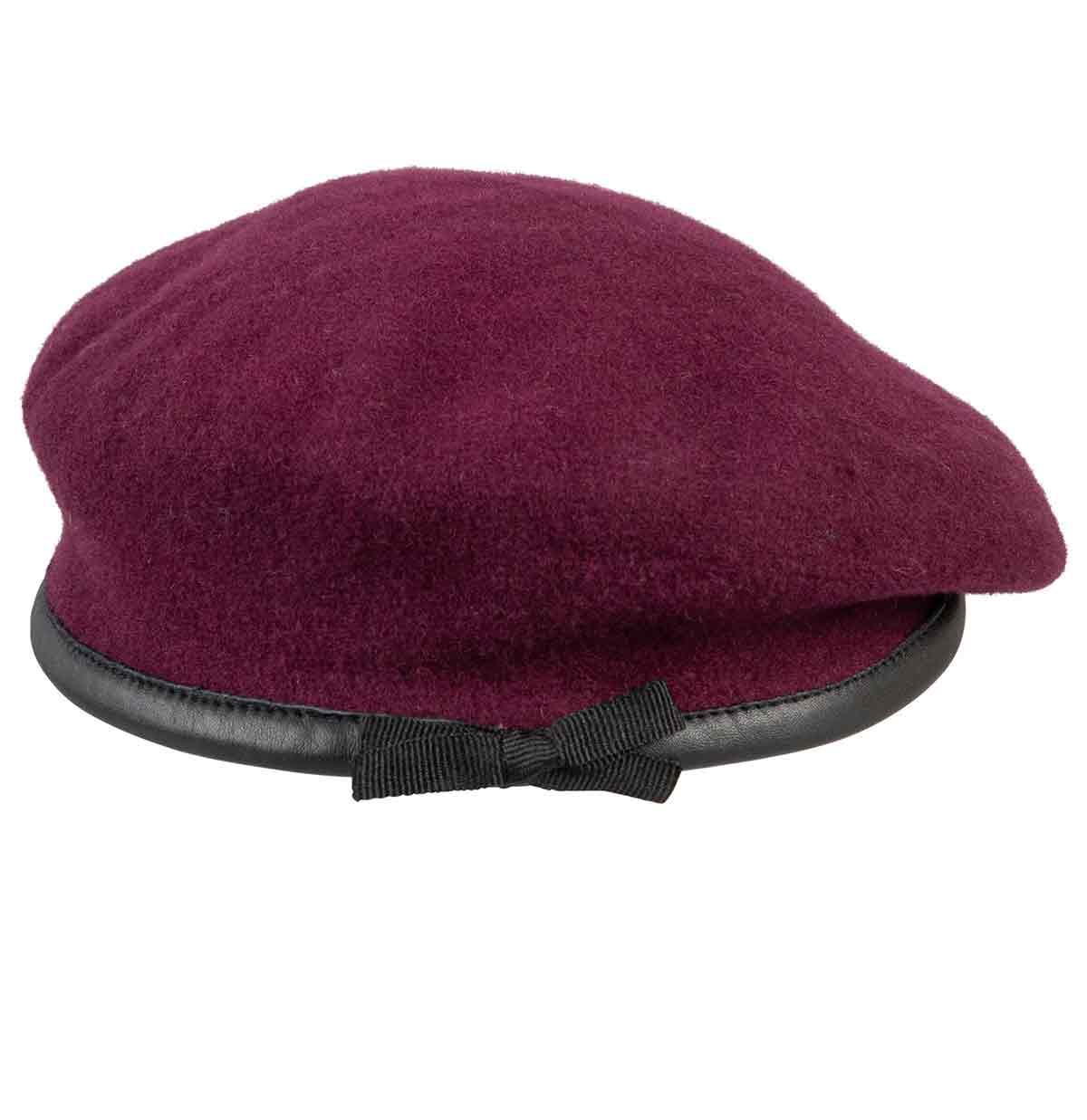 Rear view of Parachute Regiment Maroon Beret Silk Lined featuring black leather band, drawstring, and bow, ideal for military apparel.