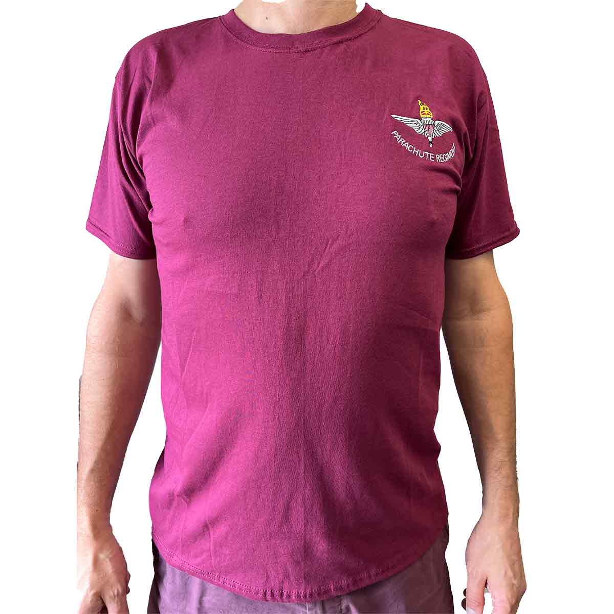 Front view of Parachute Regiment Maroon T-Shirt with detailed embroidery, part of unisex cotton shirts & vests collection.