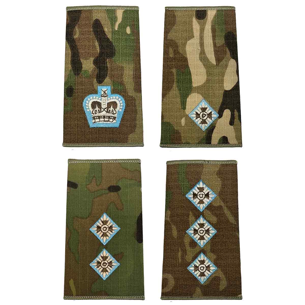 Set of four Parachute Regiment Officers Multicam Rank Slides in various ranks, embroidered on camouflage Cordura fabric for military uniforms.