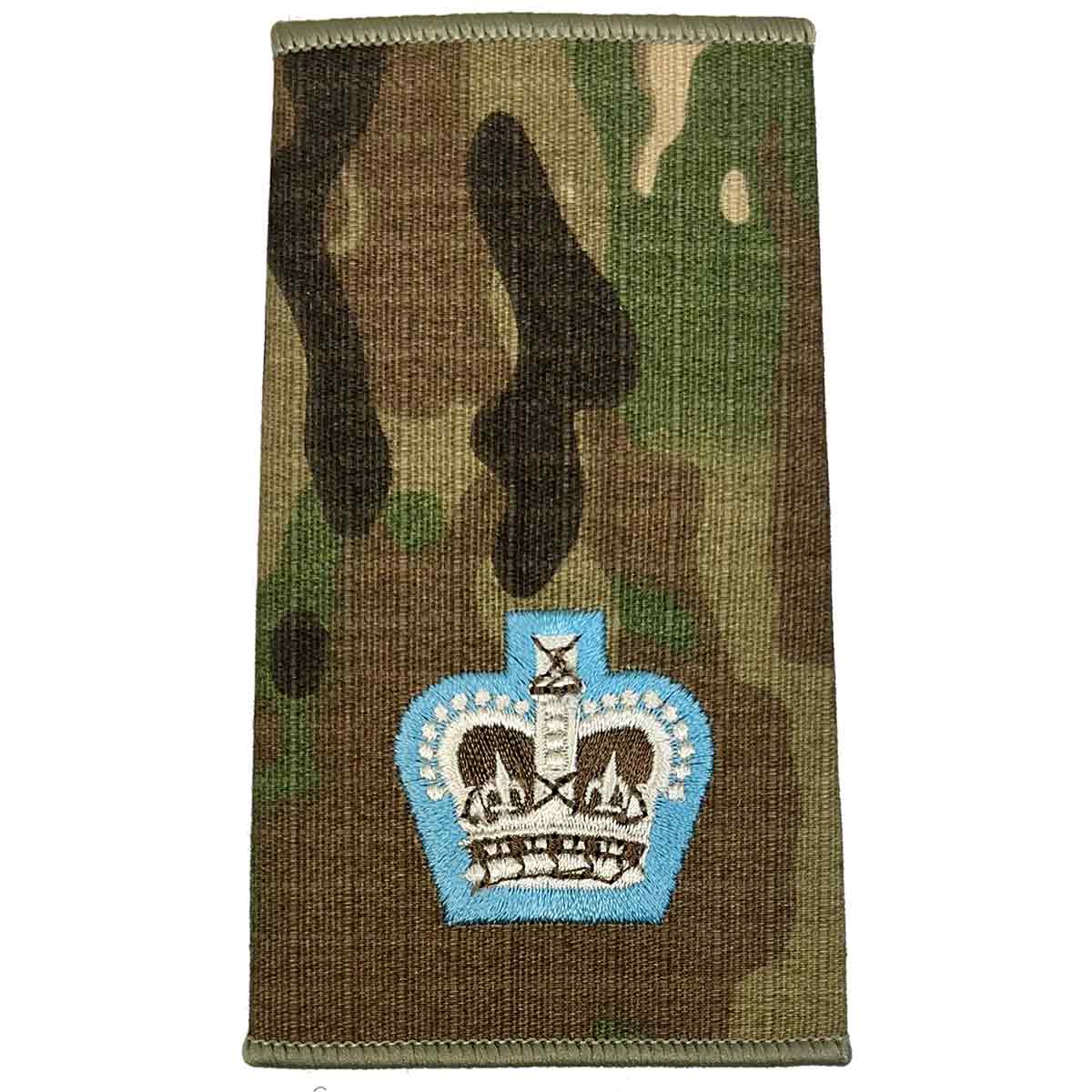 Parachute Regiment Officer Multicam Rank Slide featuring a single crown insignia, embroidered in blue and ivory on camouflage Cordura.