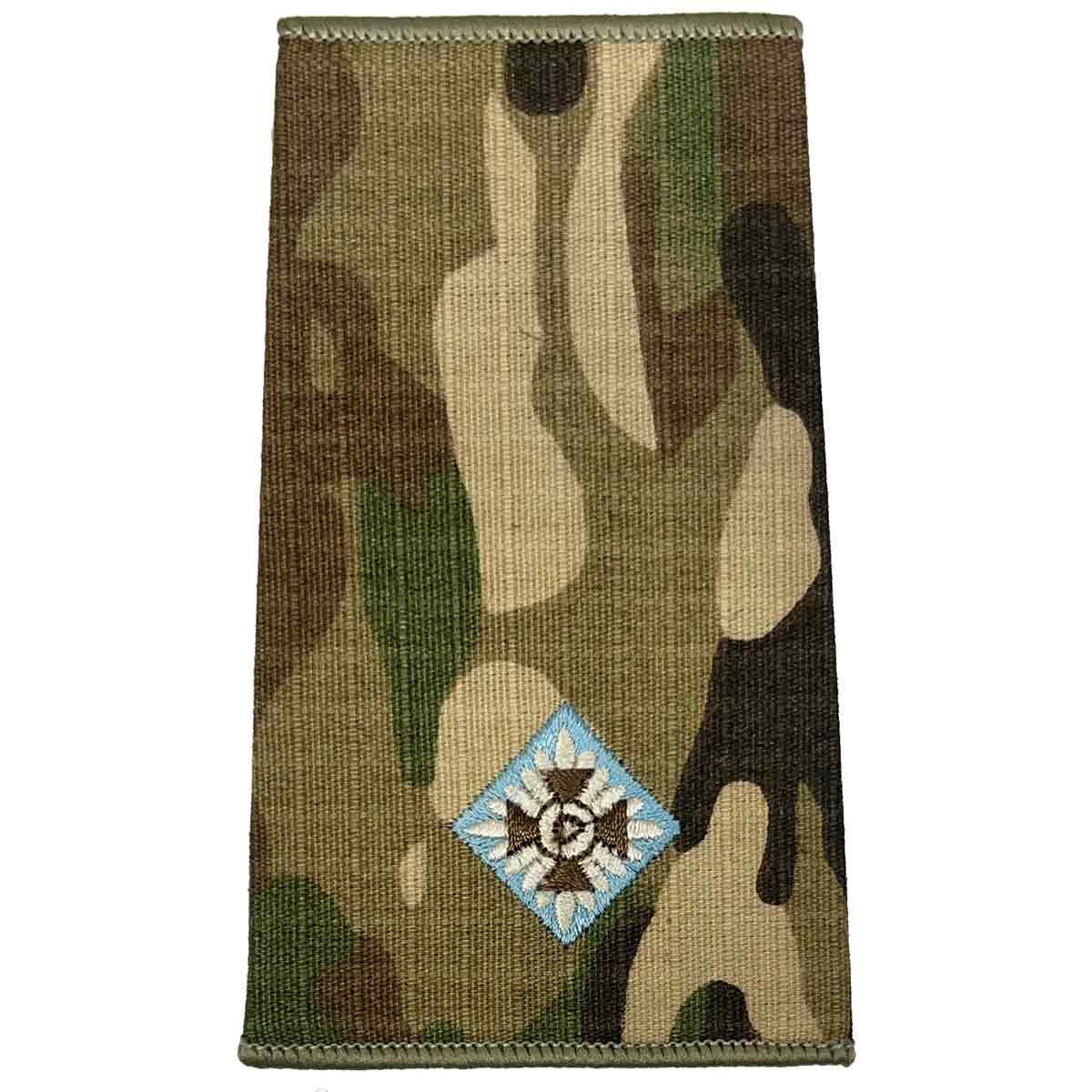 Parachute Regiment Officer Multicam Rank Slide with one pip insignia, stitched in blue and ivory on durable camouflage fabric.