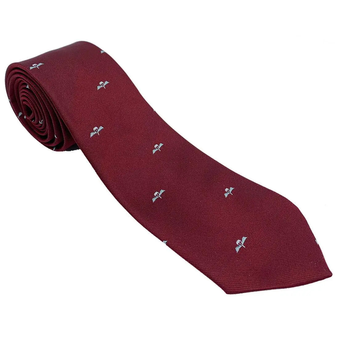 Parachute Regiment Regimental Polyester Tie in maroon with blue wings logo, UK-made military uniform accessory by John Bulls.
