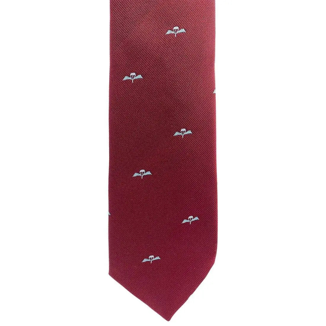 Close-up of Parachute Regiment Polyester Tie featuring woven blue Para Regiment wings on maroon fabric, ideal for military uniforms.
