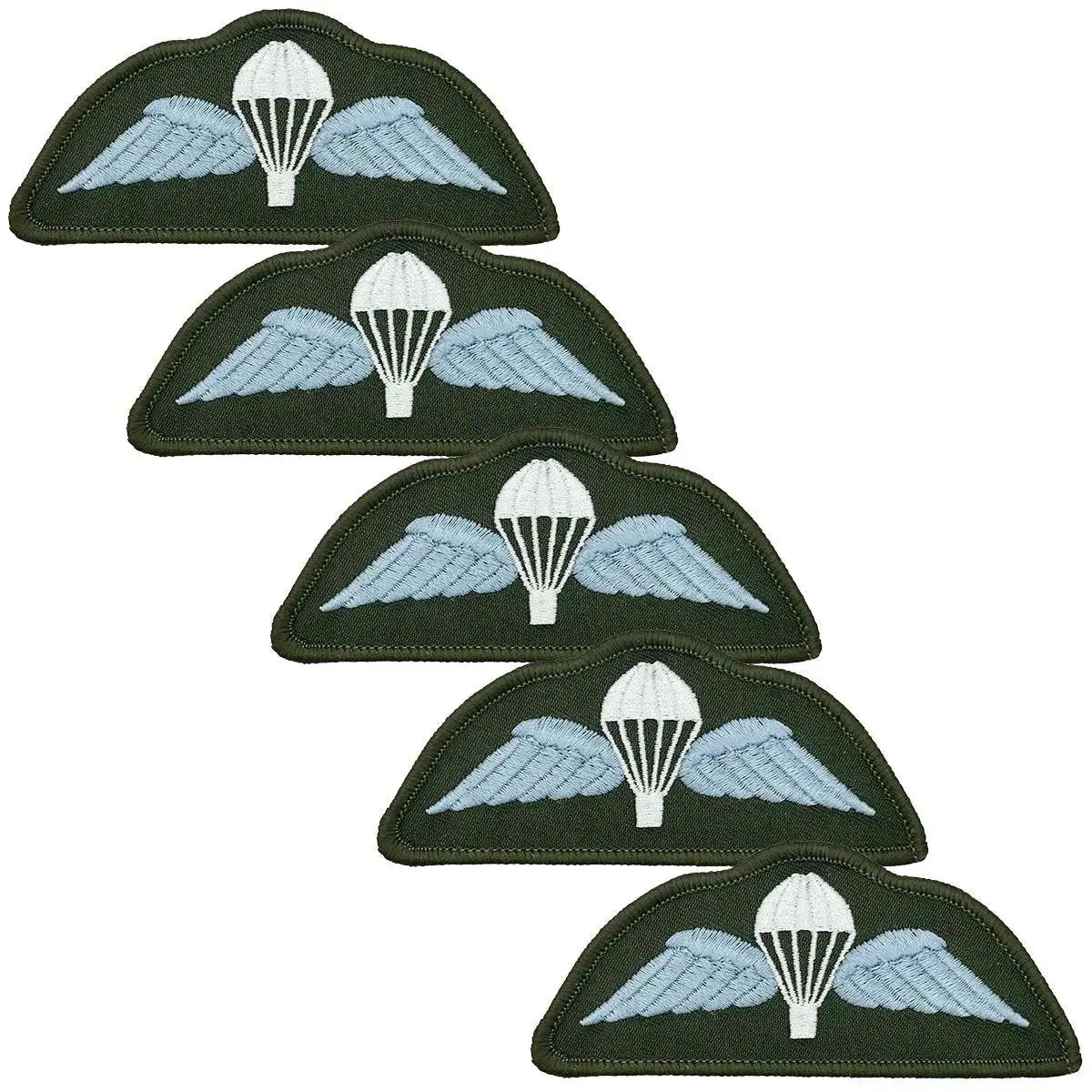 Pack of five light blue Parachute Regiment Wings Flash patches, iron or sew on, ideal for bulk military uniform outfitting.