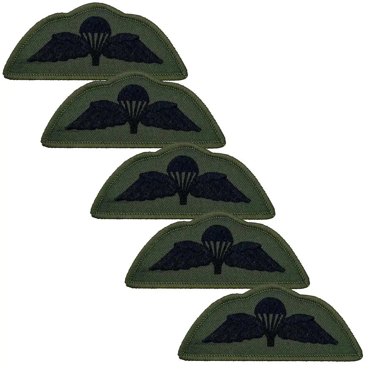 Pack of five black Parachute Regiment Wings Flash patches, iron or sew on, suitable for military uniform kits and replacements.