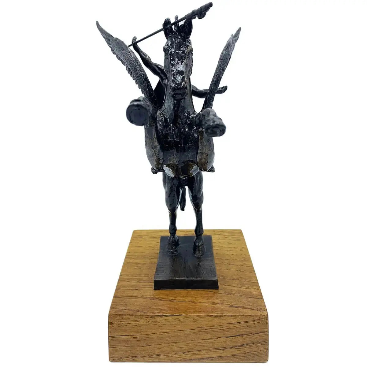 Front view of Pegasus with Bellerophon bronze resin statue on wood base, detailed army sculpture for home and garden decor.