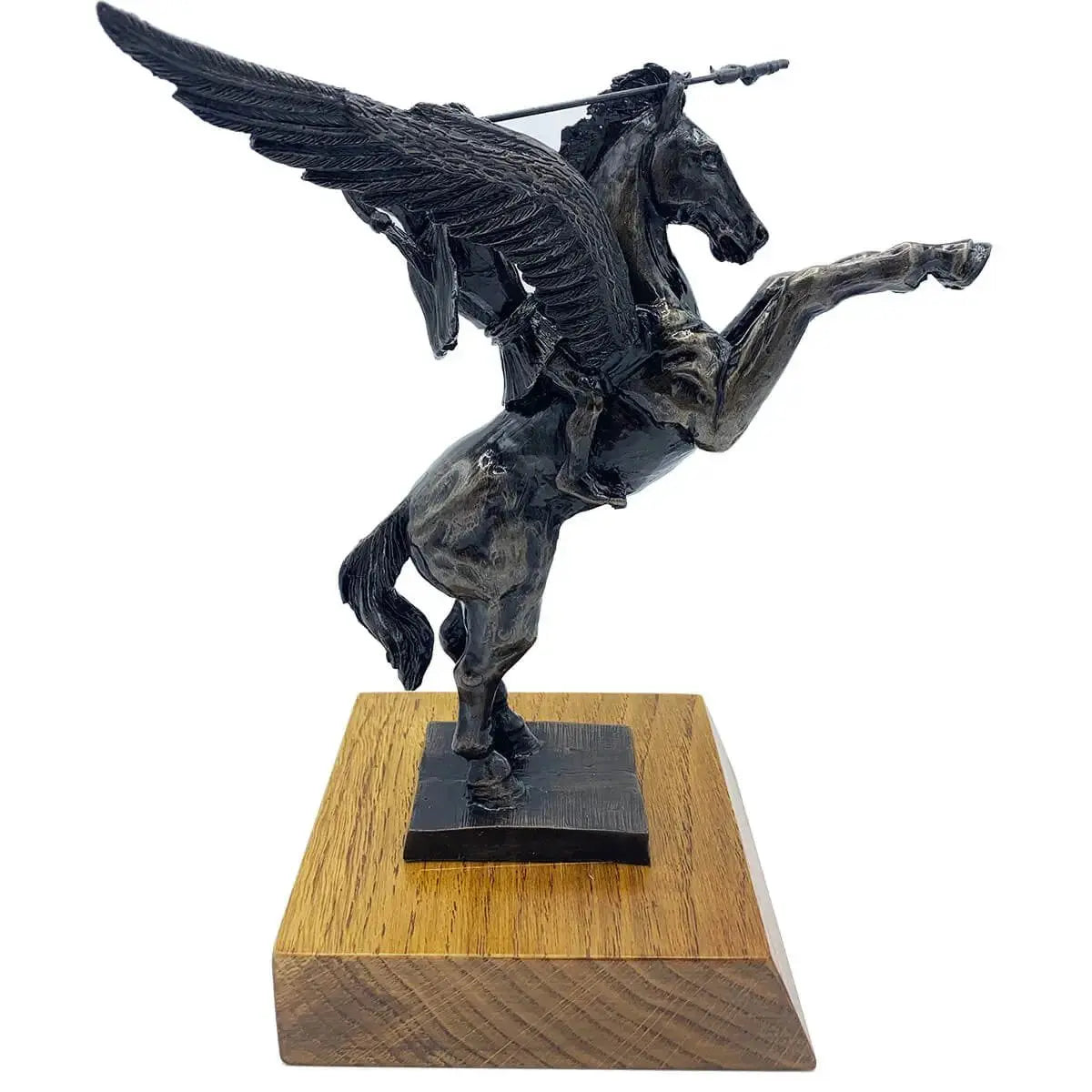 Side profile of Pegasus with Bellerophon bronze resin statue, showcasing dynamic pose and fine detailing for army-themed artwork.