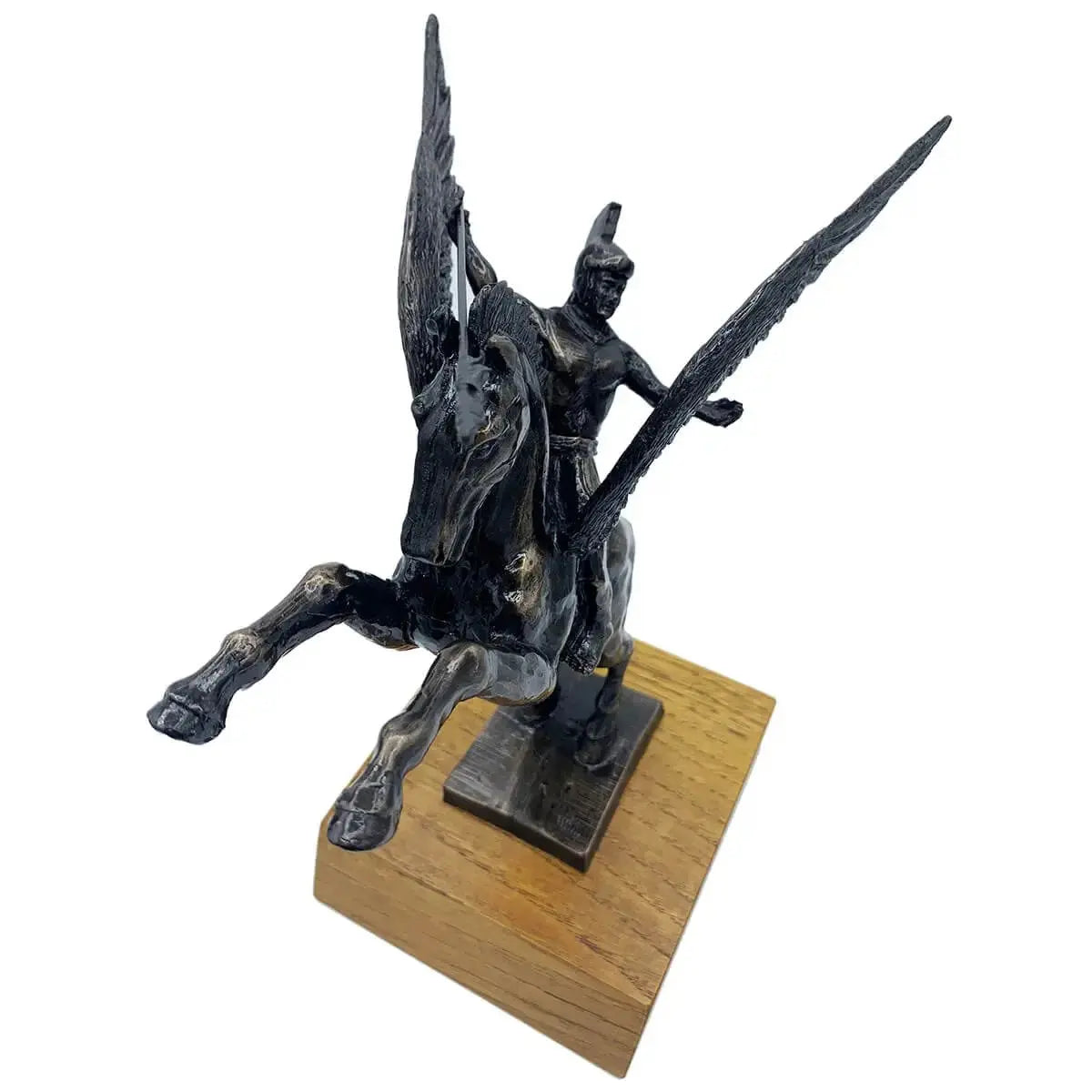 Top angle of Pegasus statue with Bellerophon in bronze resin, highlighting intricate craftsmanship on wooden base for decor display.