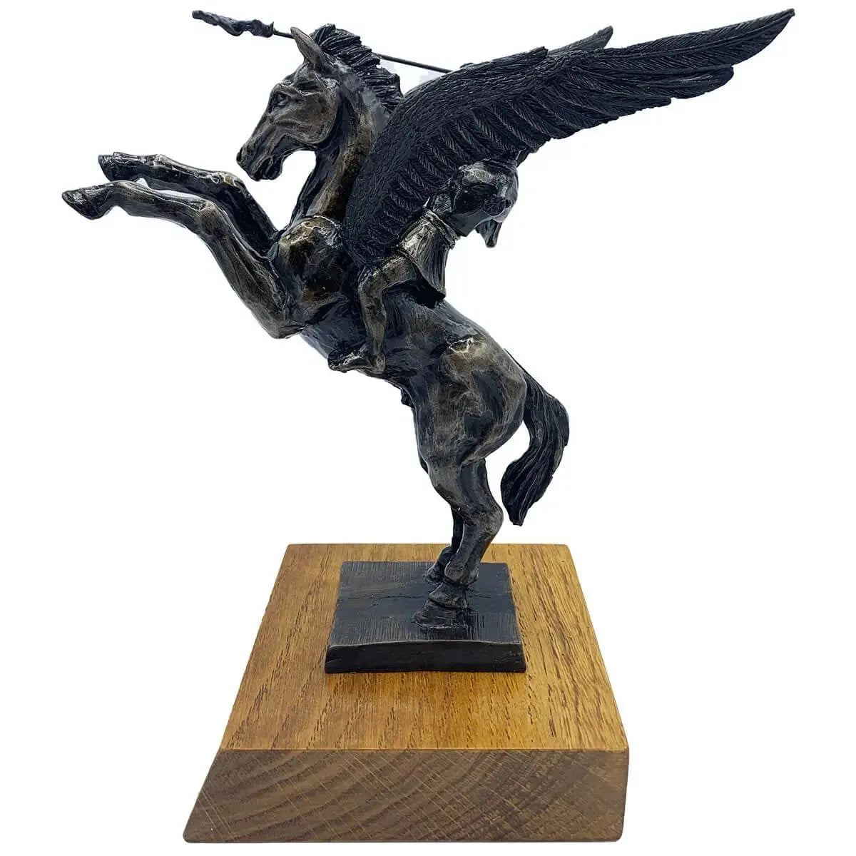 Pegasus statue with Bellerophon in bronze resin on wooden base, symbolizing British Airborne Forces, ideal for military-themed home decor.