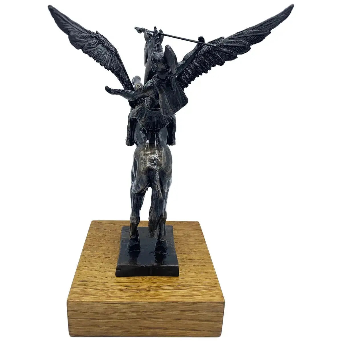 Rear view of Pegasus statue with Bellerophon in bronze resin, mounted on a wooden base, perfect for military sculpture collectors.