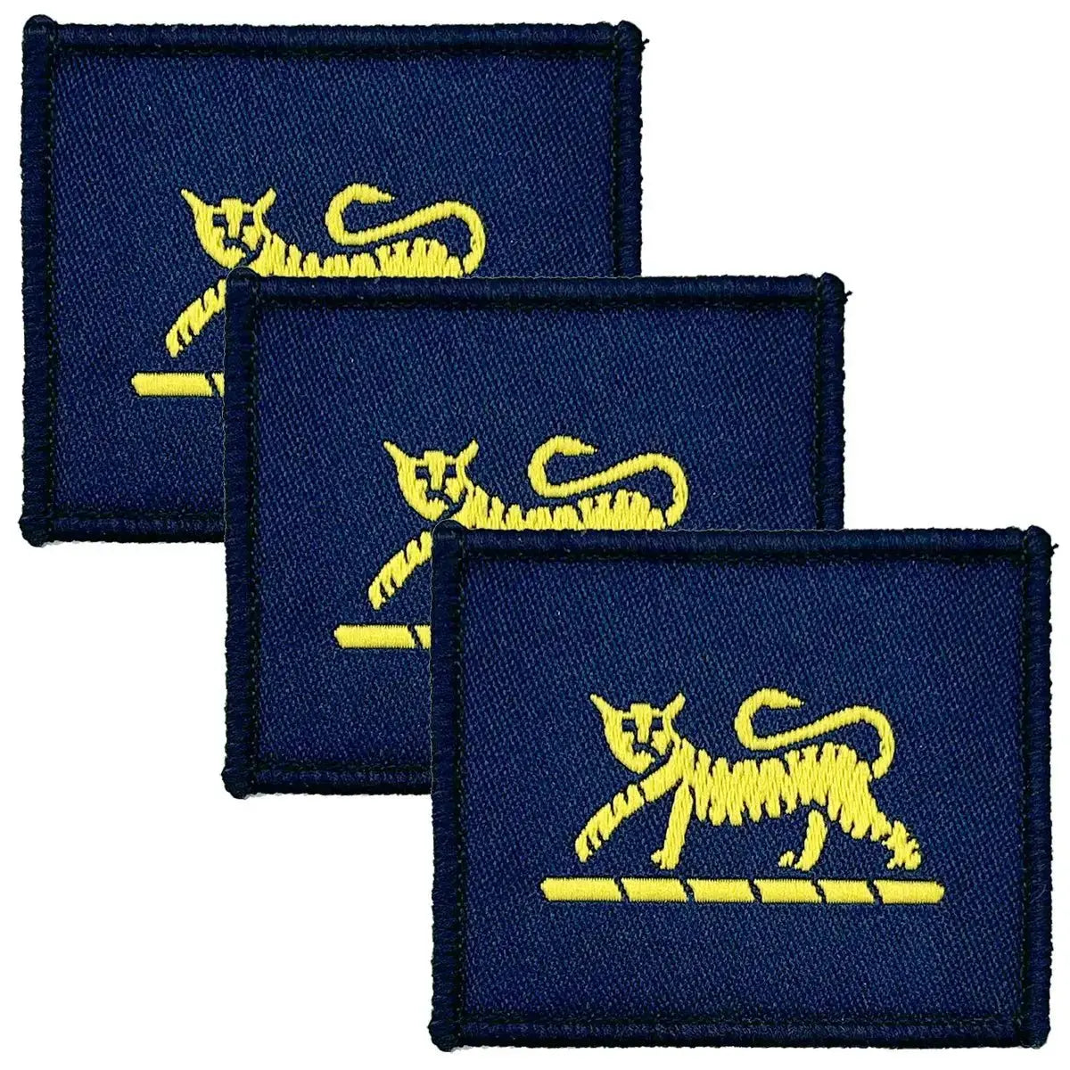 Set of three Princess of Wales Royal Regiment (PWRR) 'Tiger' TRF patches with hook and loop backing. Embroidered yellow tiger on navy blue fabric.