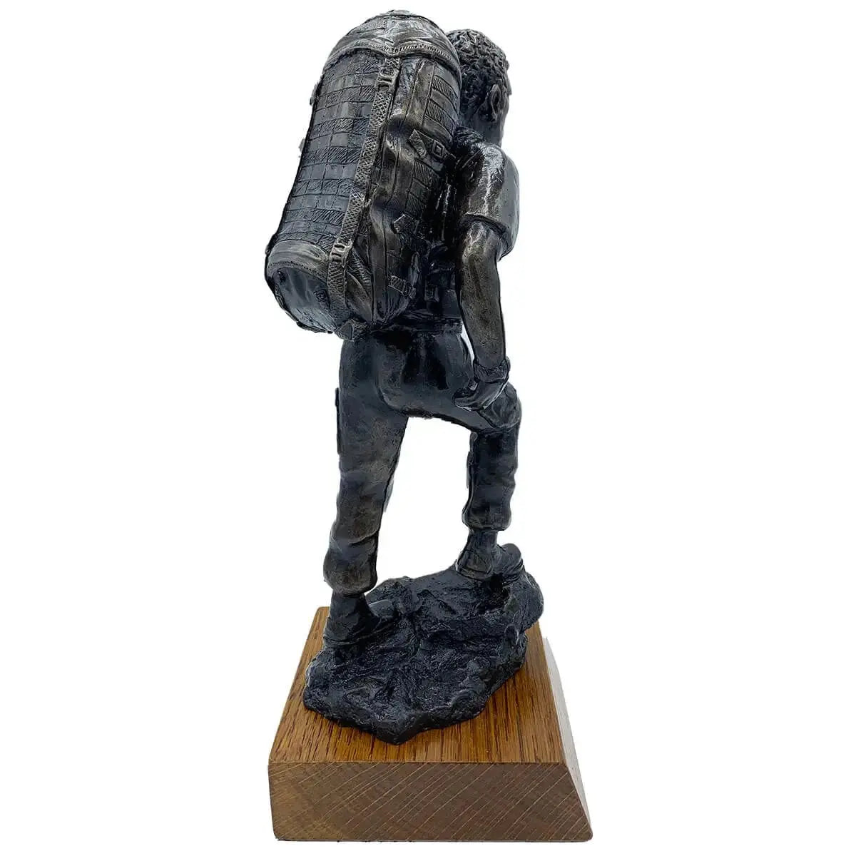 Angled back view of John Bulls PTI Instructor statue, emphasizing realistic posture and durable resin material on wooden plinth.