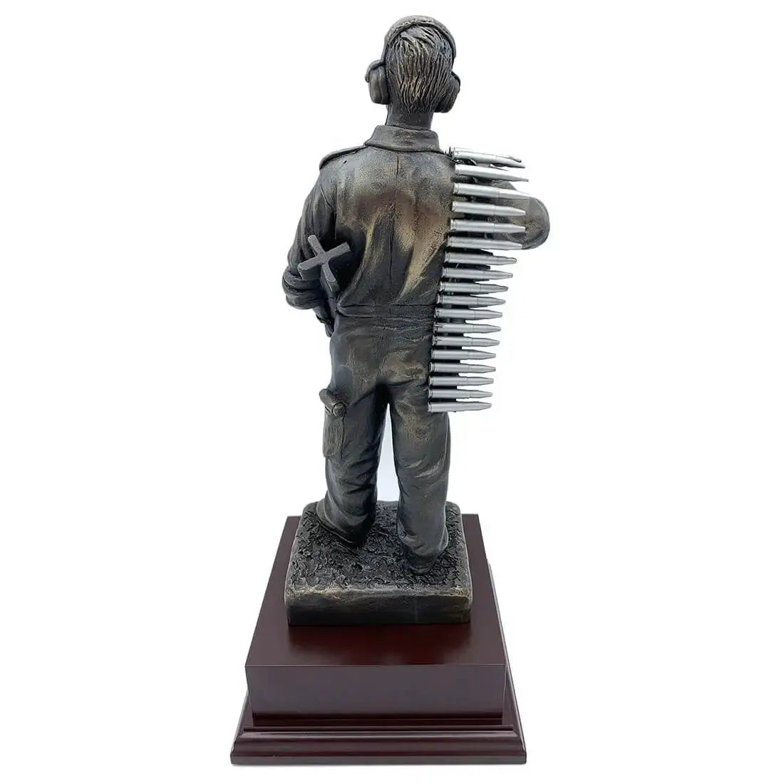 Rear view of RAF Armourer Bronze Resin Figurine Statue with visible pewter ammunition belt and sculpted detailing on uniform.