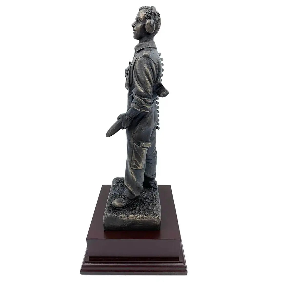 Side view of RAF Armourer Bronze Resin Figurine Statue showing detailed uniform and mounted on polished rosewood base.