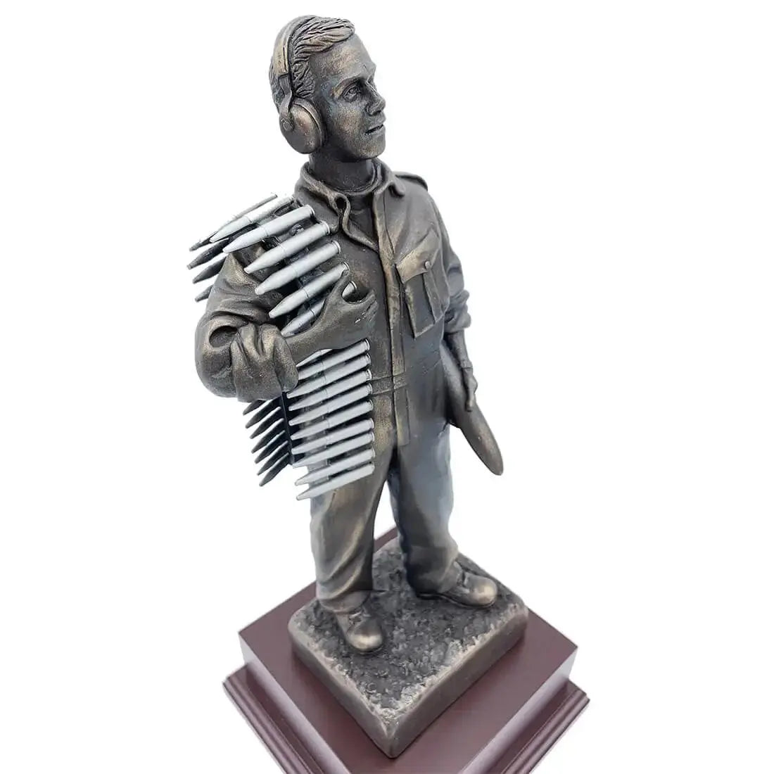 Angled top view of RAF Armourer Bronze Resin Figurine Statue with intricate ammo belt and lifelike pose, perfect for collectors.
