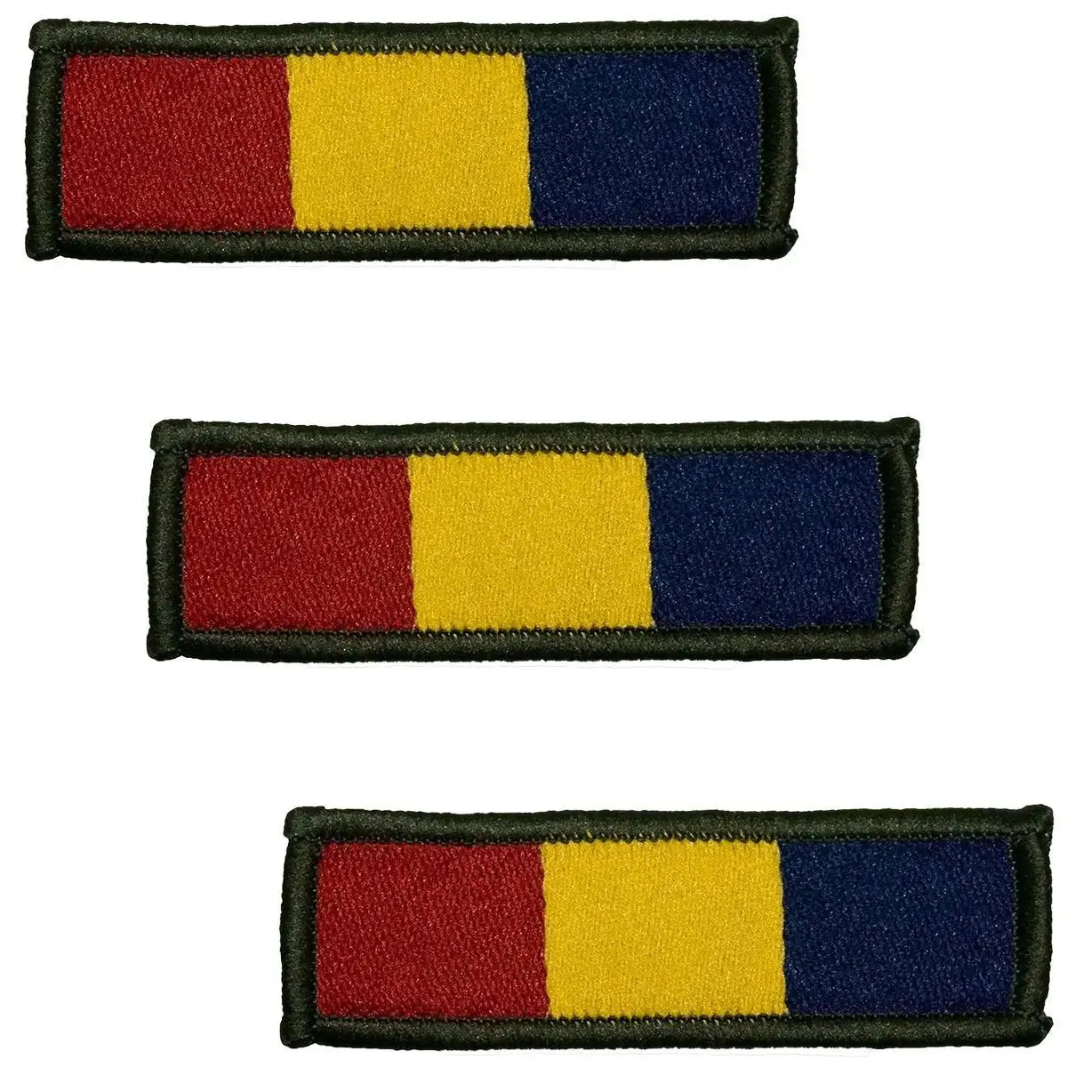 Reme TRF - Hook & Loop Backing patches in red, yellow, and blue with green border, regulation size 6x2cm for military uniforms.