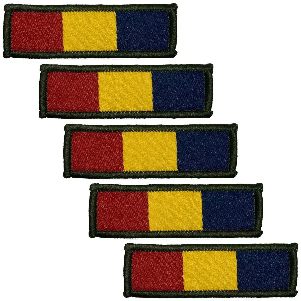 Set of five Reme TRF - Hook & Loop Backing patches in red, yellow, and blue, regulation pattern for Royal Electrical and Mechanical Engineers.
