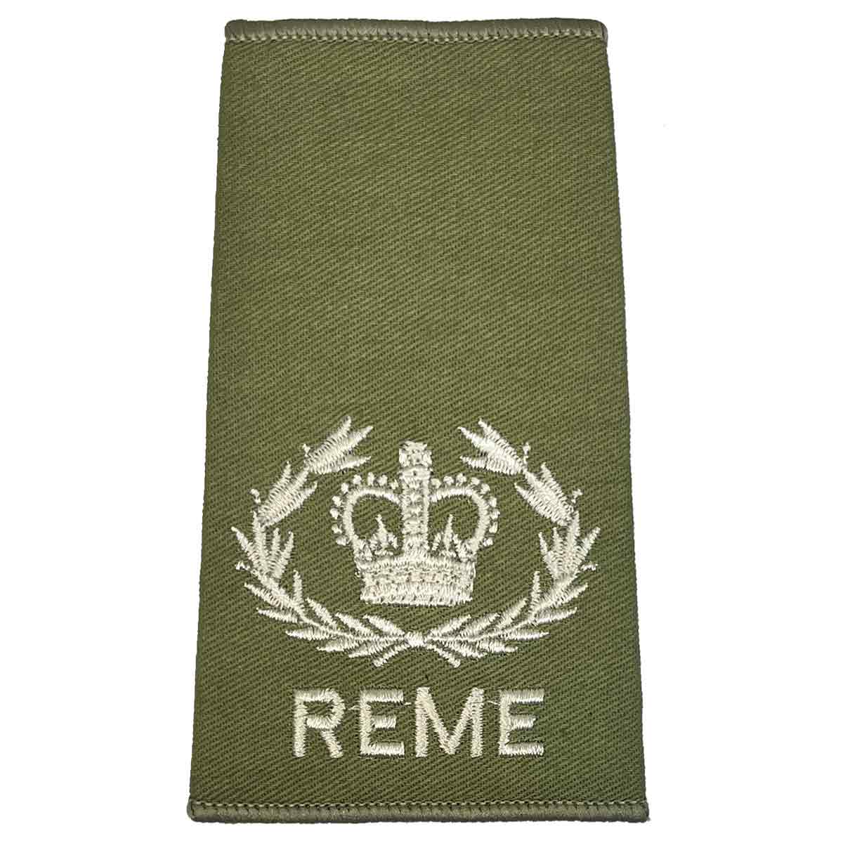 REME Olive Green Rank Slide with laurel wreath and crown embroidery, representing commissioned officer ranks in military attire.